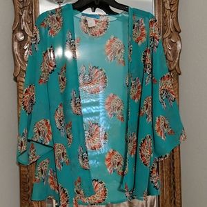 Sheer Turquoise Cardigan with Headdress Print